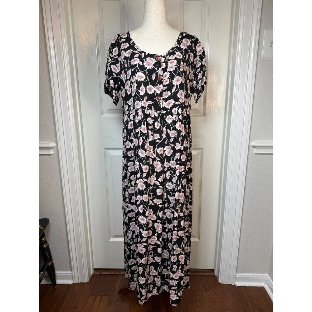 Vintage‎ Rampage 90s Floral Maxi Dress Black Pink Daisy Grunge Rayon Womens M/L
